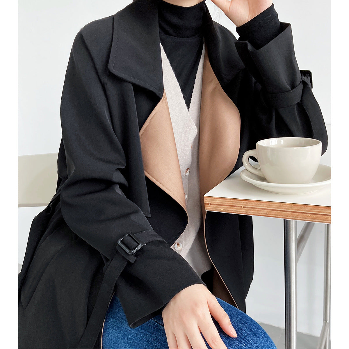 Elegant Stitching Contrast Color Trench Coat Women Mid-Length over-the-Knee Large Lapel Fashion Waist-Controlled Overcoat