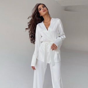 2022 Summer New Comfortable Skin-Friendly Cardigan Lace-up Ice Silk Robe Blouse Pants Pajamas Ladies Homewear
