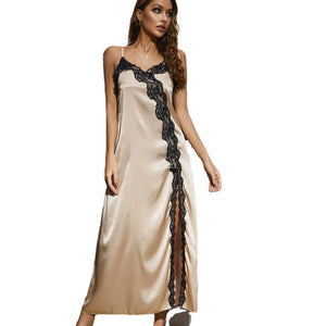 Nightdress Women Summer Slit Lace Sling Imitated Silk Pajamas Home Wear