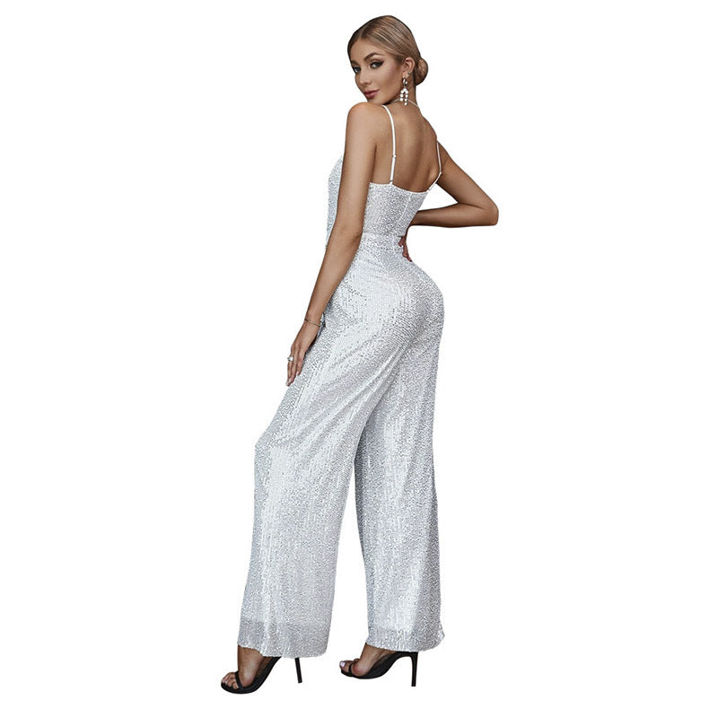 New Women  Clothing Fashion Suspenders Sequin Sequined Deep V Casual One-Piece Trousers Jumpsuit