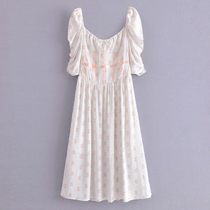 2022 Spring New  Women  Clothing Square Collar A- line Dress Romantic Floral Print Puff Sleeve Mid-Length Dress