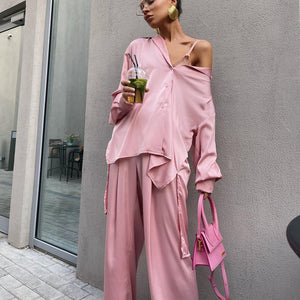 Pink Satin High-Waisted Trousers Elegant Long Sleeve Top Two-Piece Shirt Casual Wide Leg Pants Suit