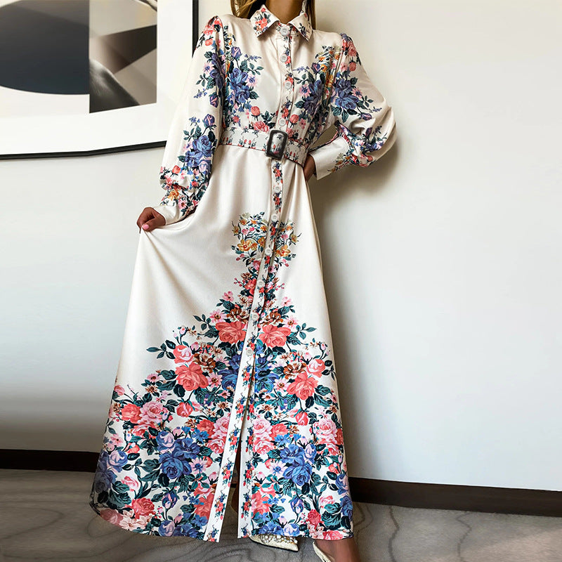 Autumn Winter New Elegant Slimming Printed Long Sleeve Mid-Length Hepburn Style Dress