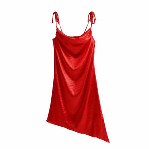 Women Clothing  New Satin Tied Spaghetti-Strap Red Dress Solid Color Elegant Graceful Dress for Women Summer