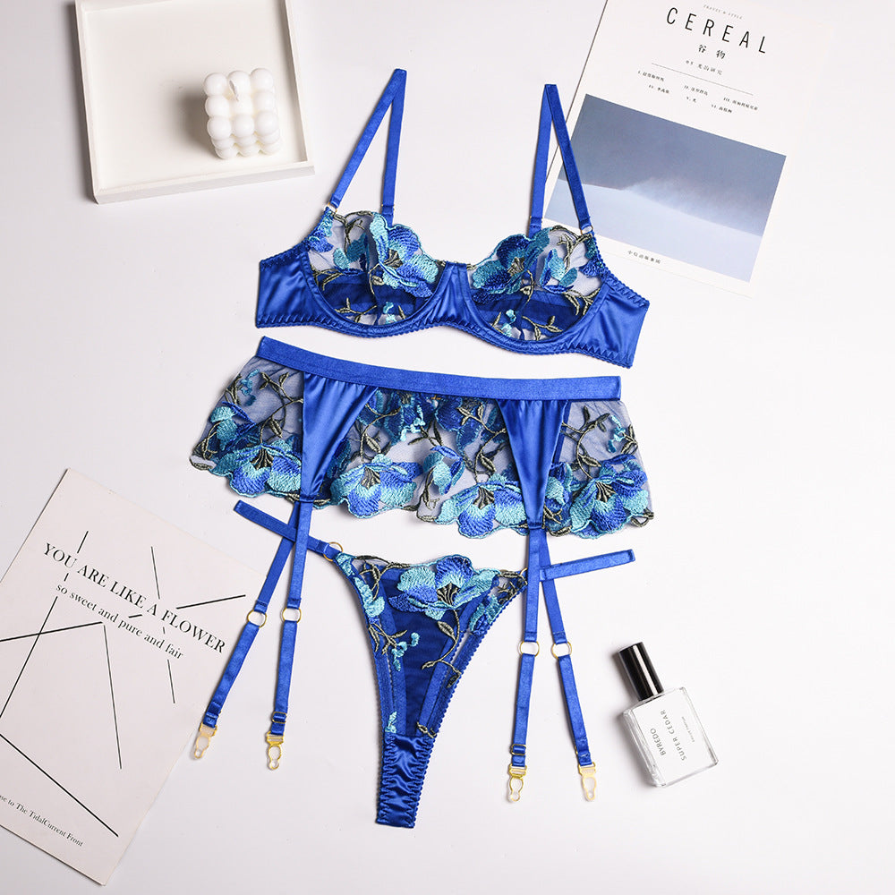 New Sexy Lingerie Set Floral Embroidery Three-Piece Set with Steel Rin Global Fashions GC New Sexy Lingerie Set Floral Embroidery Three-Piece Set with Steel Rin Global Fashions GC