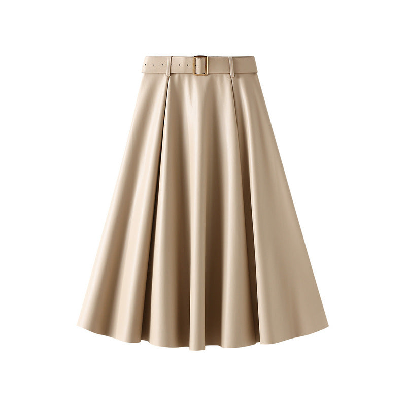 Leather Skirt Skirt Mid-Length Autumn Winter New High Waist A- line Skirt Large Swing Skirt Slimming Female Dress