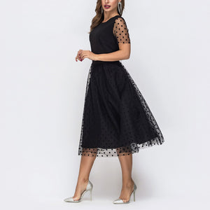 Summer New Women Clothing round Neck See-through Short Sleeve Black French Elegant Dress