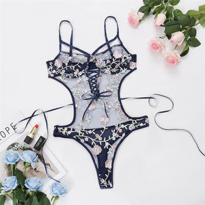 Women  One-Piece Lace-up Mesh Embroidery Jumpsuit Sexy Lingerie