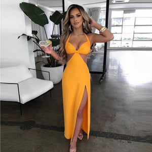 Maxi  Wrapped Chest Halter Cut-out Strap Fold Split Backless Sexy Dress for Women