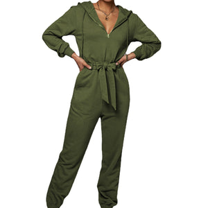New Women  Autumn Zipper Hooded Jumpsuit with Belt Casual Long Sleeve Tooling Pants  Fashion