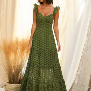 Sundress Sexy Lace Long Dress Solid Color Green Strap Type Mid Waist Long Dress Maxi