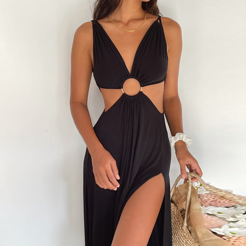 Deep V Plunge neck Hollow Out Cutout Sexy Sling Double High Split Backless Vacation Seaside Elegant Dress for Women