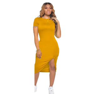 Women  Clothing  Summer Solid Color Short Sleeve Irregular Hem  Style Dress