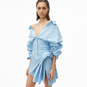 Irregular Pleated Shirt Dress 2021 Spring and Summer New Fashion Loose Fitted Flattering Mid-Sleeve Dress for Women