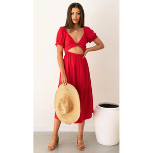 Summer New Waist-Tight Temperament Commute Lace-up Solid Color Midi Dress