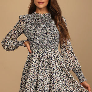 Autumn 2021 New Floral Digital Women  Printed Wear Long Sleeve Simple Elegant Dress  Fashion Skirt