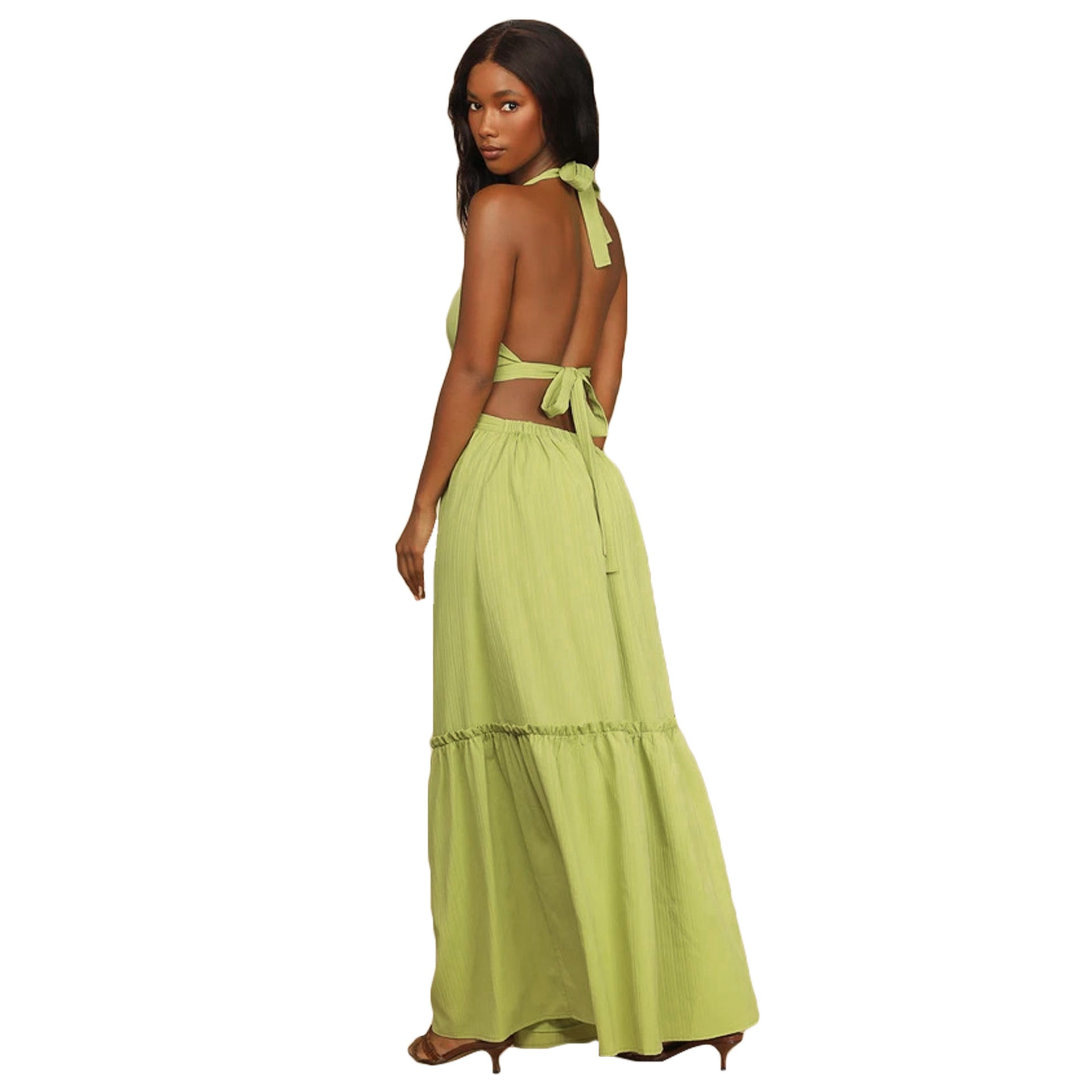 Women Clothing Summer New Casual Vacation Style Halter Lace-up Layered Maxi Dress Tiered Dress
