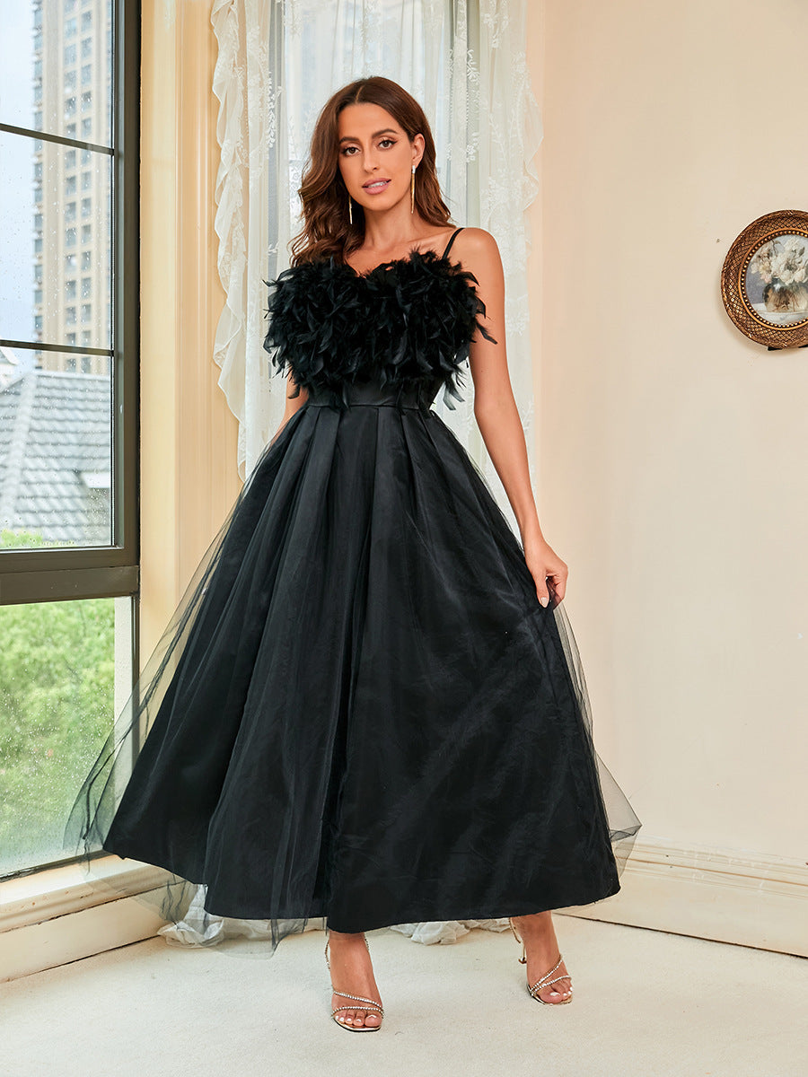 Spring Summer Women Clothing Feather Straps Tulle Evening Dress