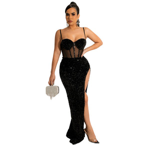 Fashion Hip Spaghetti Straps Chest Wrap Long Dress Sequined Lining Sexy Evening Dress Dress with Chest Cotton