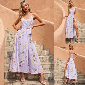 Women Dress 2022 Spring Summer Elegant Shoulder-Baring Slit Slim-Fitting Slimming Hot Girl Long Printed Dress Sundress