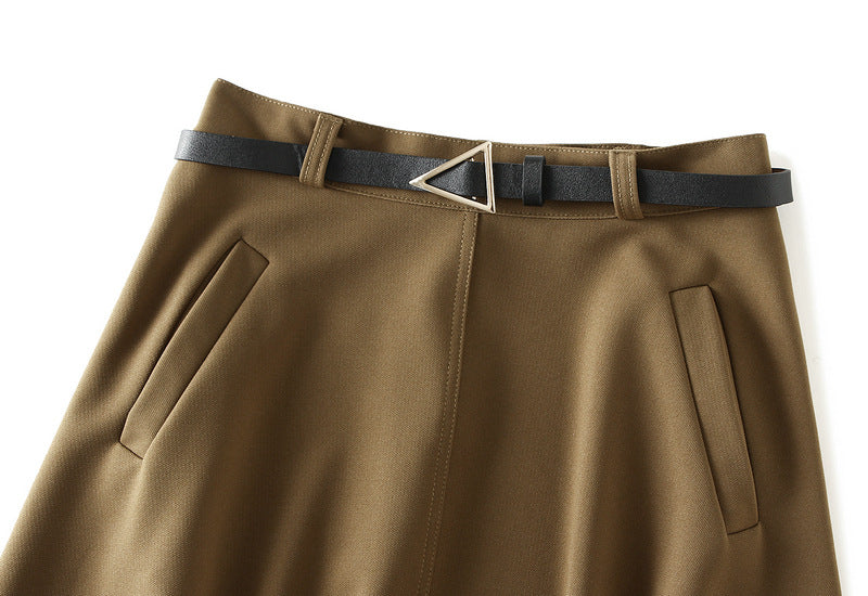 Elegant A- line Umbrella Skirt Skirt for Women Autumn Winter Mid-Length High Waist over Knee Large Swing Skirt with Belt