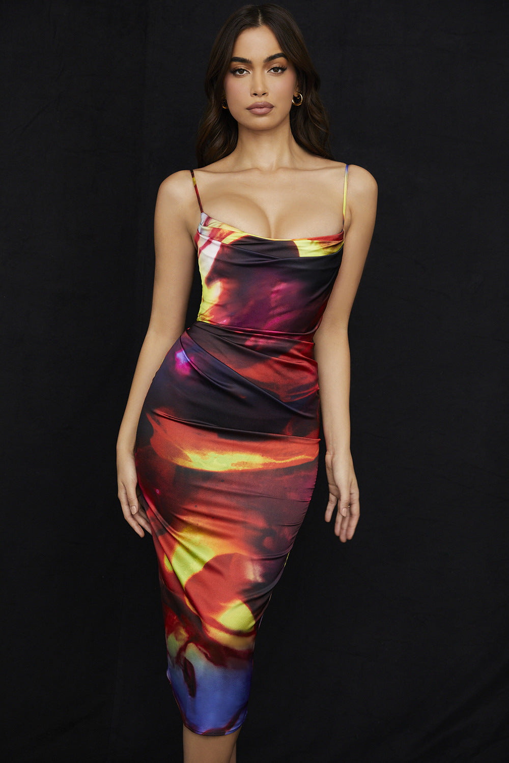 Summer Elegant Sexy Tie-Dyed Printed Low-Cut Cinched Sheath Dress for Women