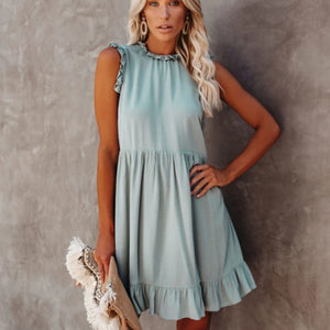 Summer New round Neck Sleeveless Loose-Fitting Pleated Solid Color Dress for Women