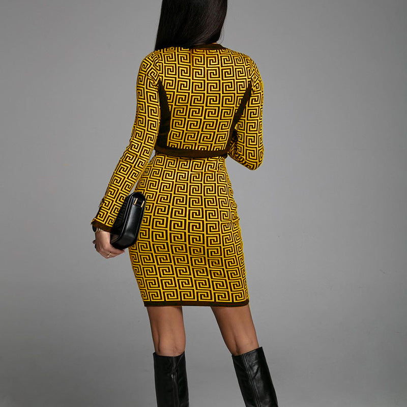 Women Clothing Winter New Fashion Elegance Retro Slim-Fit Contrast Colors Cardigan Printed Dress