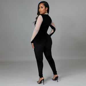 Sexy Color Block See-through Rhinestone Tight Jumpsuit Show Figure