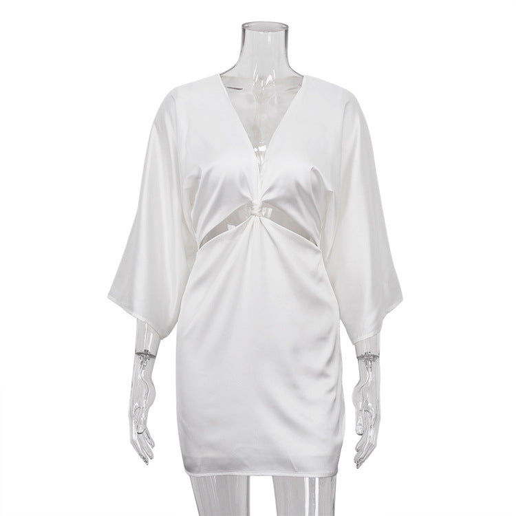 Style 2022 Summer New Style White Satin Deep V-neck Hollow Twisted Three-Quarter Sleeve Tight Dress