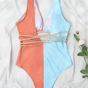 New Color Matching Waist Hollow out Tied One-Piece Backless Sexy Bikini Swimsuit Swimwear Women