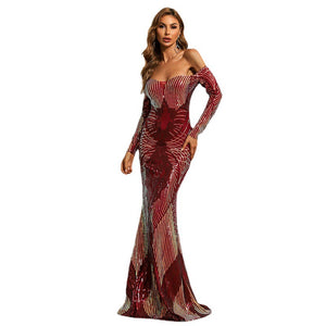 Style Red off-Neck Temperament Sheath Wrapped Chest Wedding Toast Dress Banquet Sequined Evening Dress Prom Formal Gown