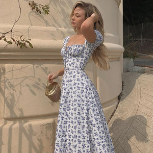 New Women Clothing  Summer Fashion Waist-Controlled Floral Square Collar Split Dress