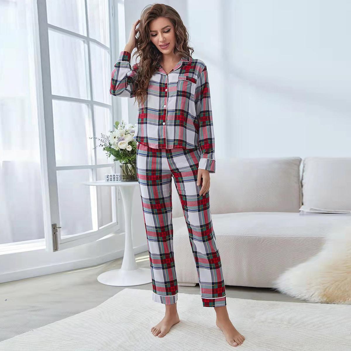 Pajamas Women Spring Autumn Cardigan Contrast Color Homewear Suit Mother Daughter Parent-Child Wear Pajamas
