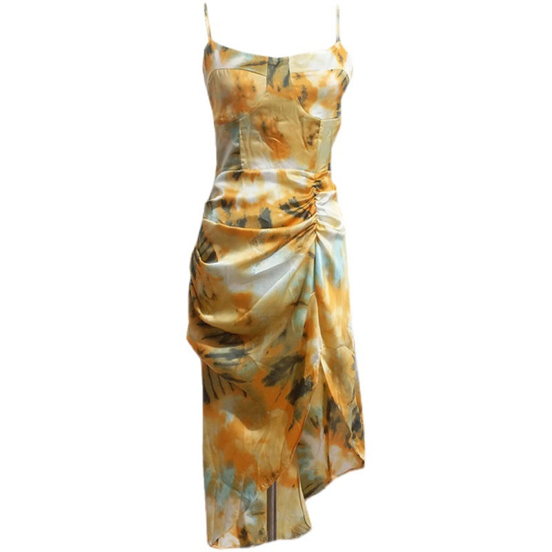 Popular Sexy Low-Cut Split Sling Dress Irregular Pattern Print Pleated Hip Skirt