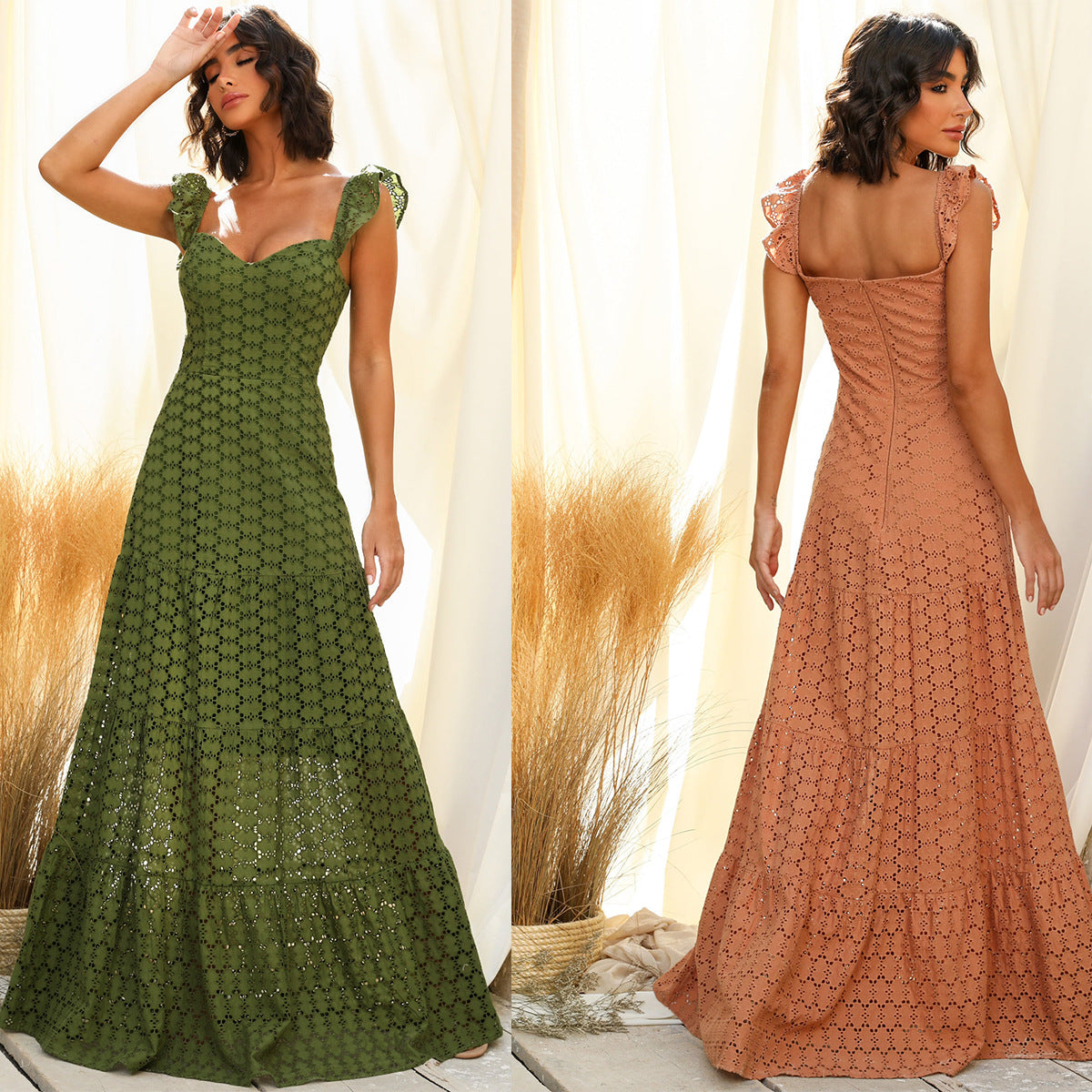 Sundress Sexy Lace Long Dress Solid Color Green Strap Type Mid Waist Long Dress Maxi