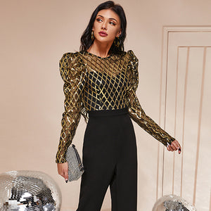 2021 Winter New Mesh Bubble Sleeve Jumpsuit Sexy Big Backless Wide Leg Pants Suit for Women