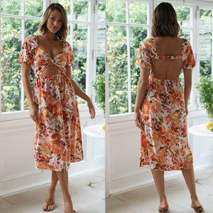 Women Clothing Spring Summer New Elegant Sexy V-neck Short Sleeve Backless Print Dress for Women Floral Burst