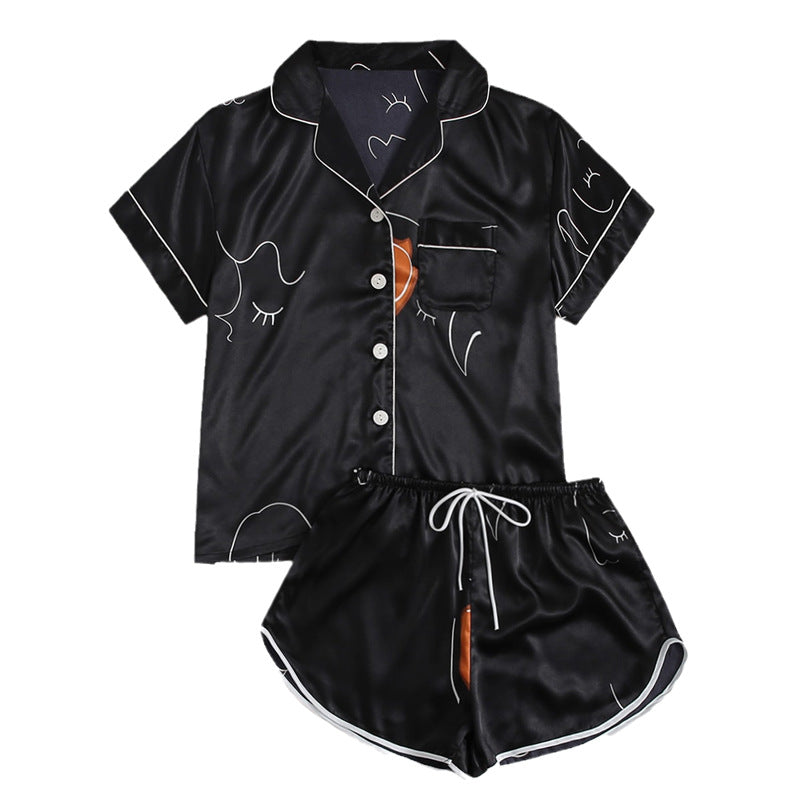 Silk-like Loose Comfortable Pajamas Two-Piece Set Simple Fashion Printed Black Pajamas Casual Homewear Suit