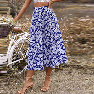 2022 Spring Summer Skirt Women Bag Hip Printed Dress Elastic Waist Chiffon Midi Skirt