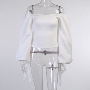 Off-shoulder Lantern Sleeve Elegant Top Socialite Elegant Sexy Loose White Pullover Solid Color Top