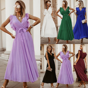 Elegant Beach Dress Fashionable Slim-Fit Sexy Ruffle Sleeve Chiffon Pleated Skirt Solid Color Dress