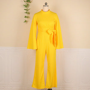 Stand-up Collar Flared Sleeves High Waist Wide Leg Pants Large Size Slim Fit with Belt Casual Women Jumpsuit Body Suit