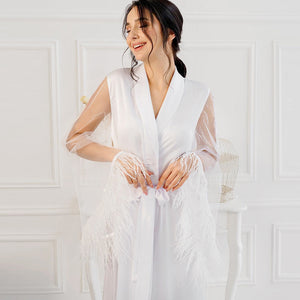 Spring Autumn French Fashion Cardigan Nightgown Lace Feather Design Elegant Court Artificial Silk Home Pajamas for Women