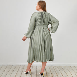 New Pleated Skirt Solid Color Green round Neck  Elegant Slingback Dress Plus Size Women Clothing