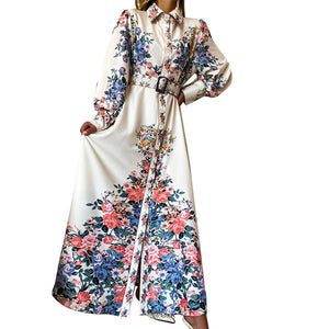 Autumn Winter New Elegant Slimming Printed Long Sleeve Mid-Length Hepburn Style Dress