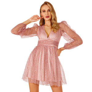 V-neck Sexy Long Sleeve See-through Spinning Dress  Mesh A- line Skirt