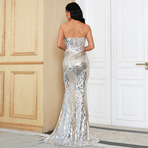 Dress Women Banquet Elegant Wedding Wrapped Chest Small Tail Sequined Ball Party Evening Dress