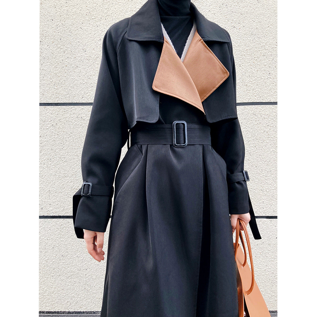 Elegant Stitching Contrast Color Trench Coat Women Mid-Length over-the-Knee Large Lapel Fashion Waist-Controlled Overcoat
