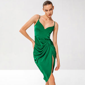 New Arrival V-neck Fitted Waist Pleated Short Skirt Slim Strap Irregular Mid-Length Dress